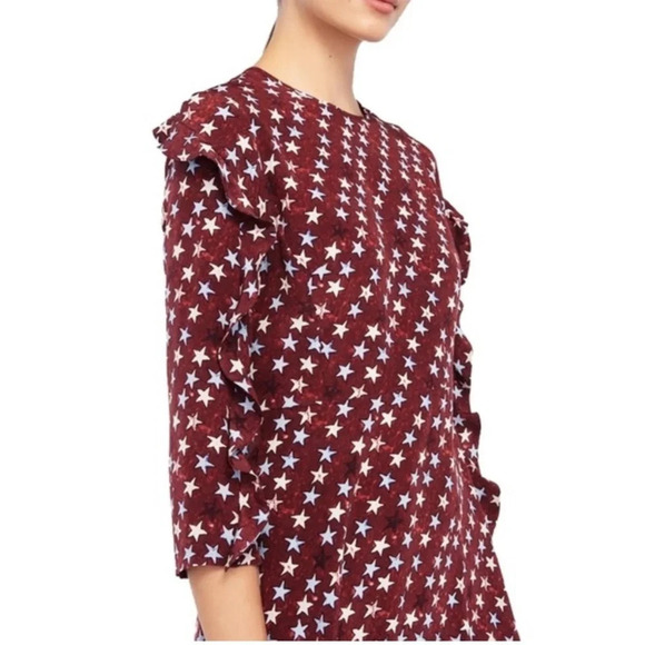 Sandro Burgundy Star Print 100% Silk Round Neck Ruffle Mini Dress Size 1=S US - Picture 4 of 13